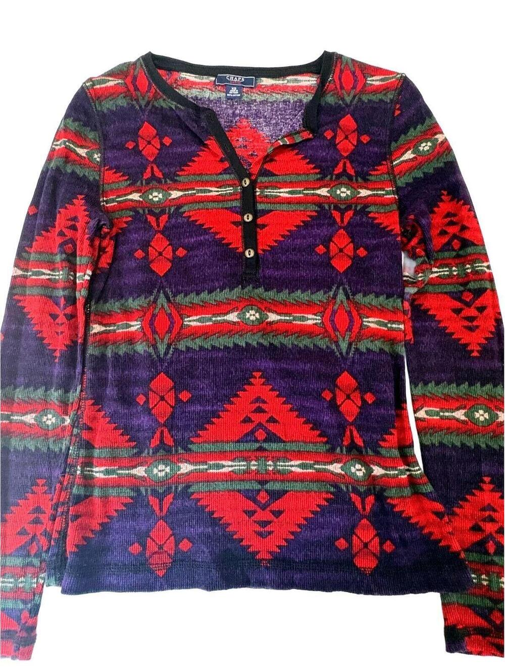 Chaps Denim Ralph Lauren Womens Aztec Tribal Waffle Knit Thermal Henley Top